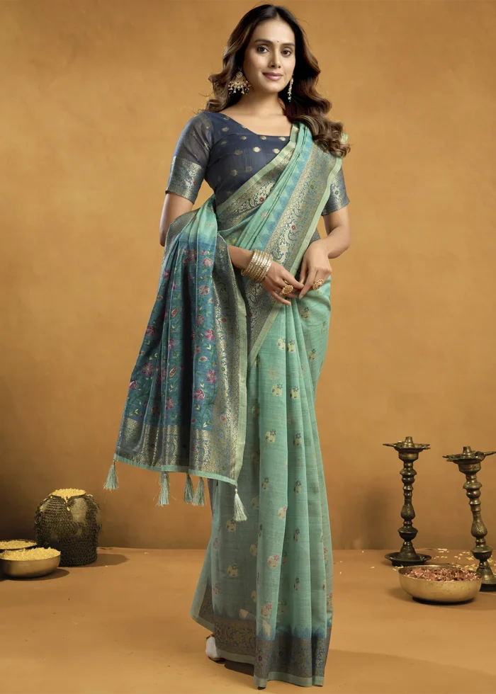 Sea Green Linen Saree with Meenakari & Zari Weaving