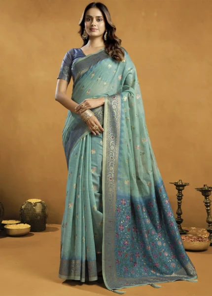 Sea Green Linen Saree with Meenakari & Zari Weaving