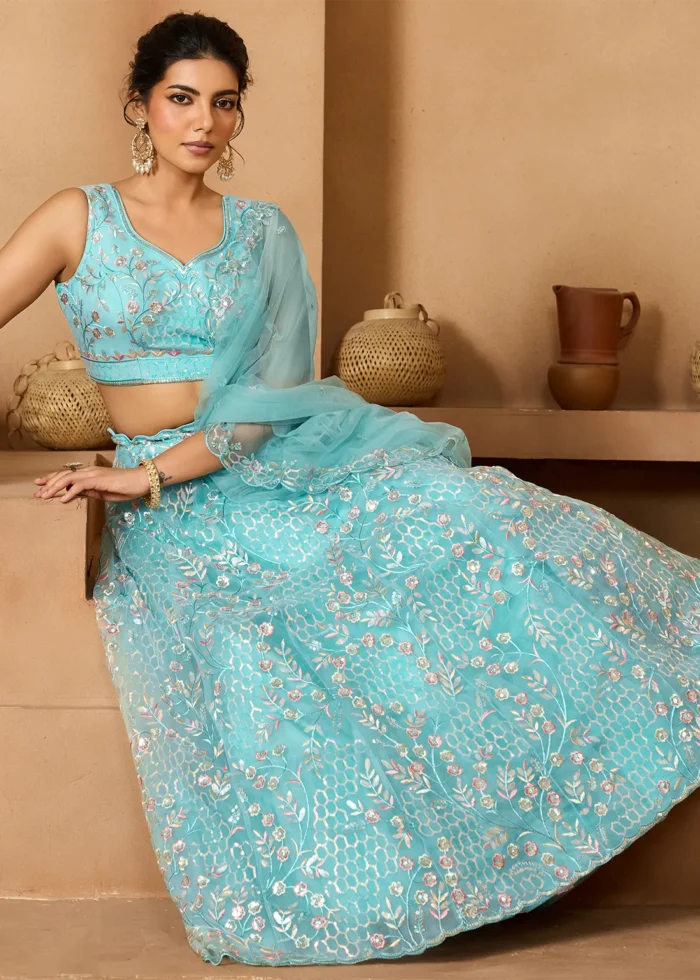 Sea Green Net Lehenga with Embroidery Work
