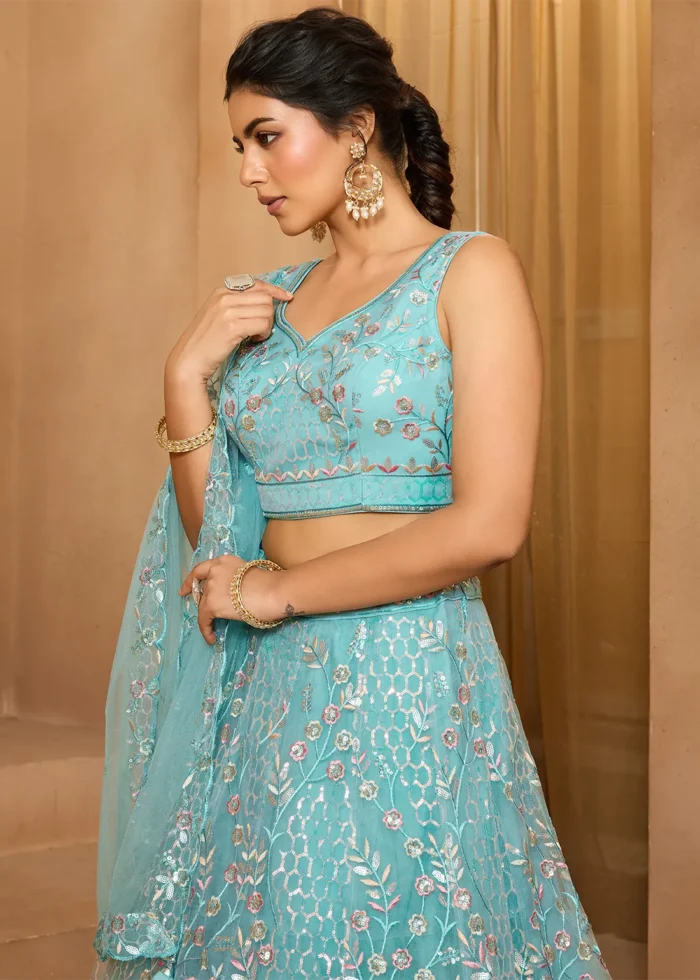 Sea Green Net Lehenga with Embroidery Work