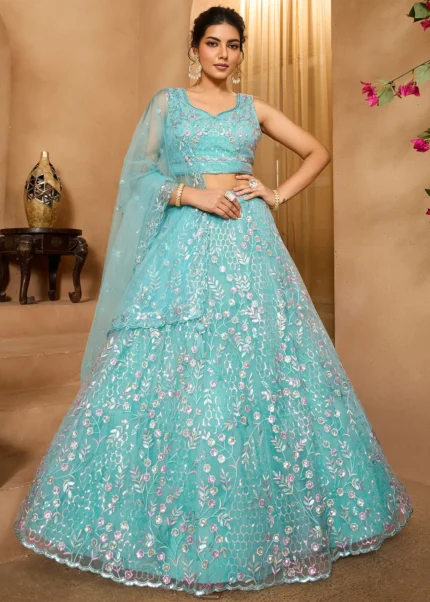 Sea Green Net Lehenga with Embroidery Work