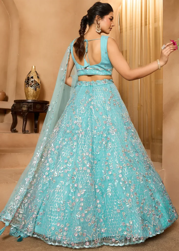 Sea Green Net Lehenga with Embroidery Work