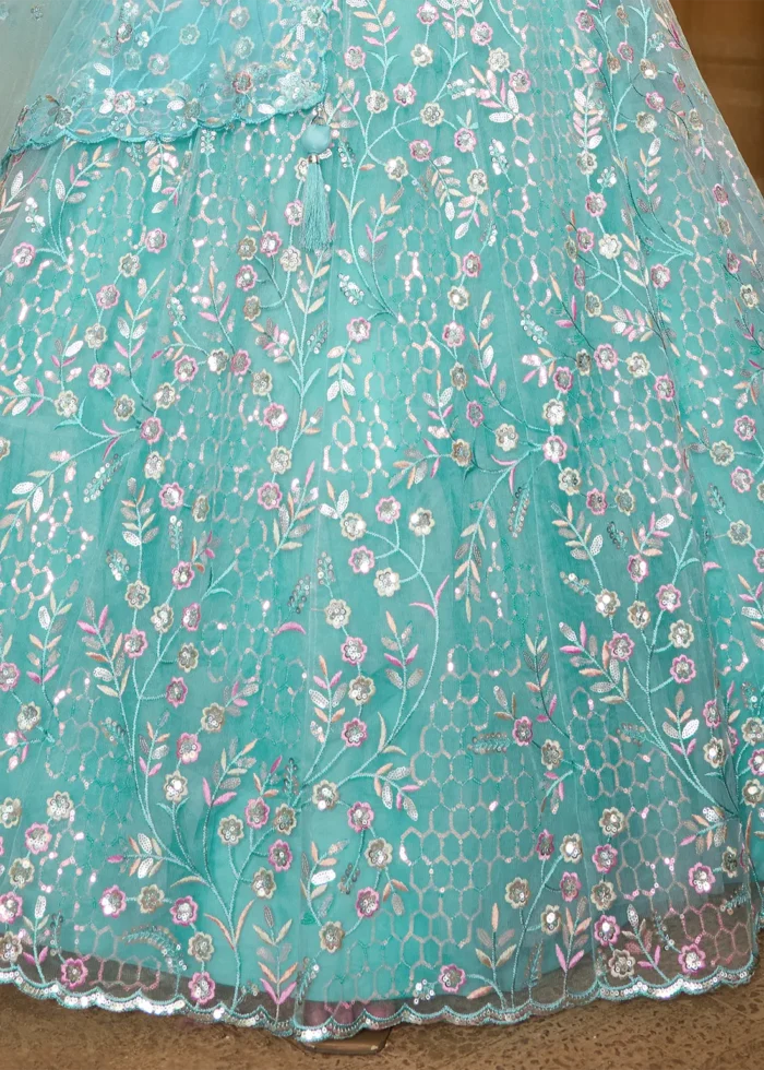 Sea Green Net Lehenga with Embroidery Work