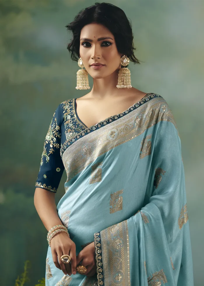 Sky Blue Banarasi Dola Silk Saree with Embroidered Blouse
