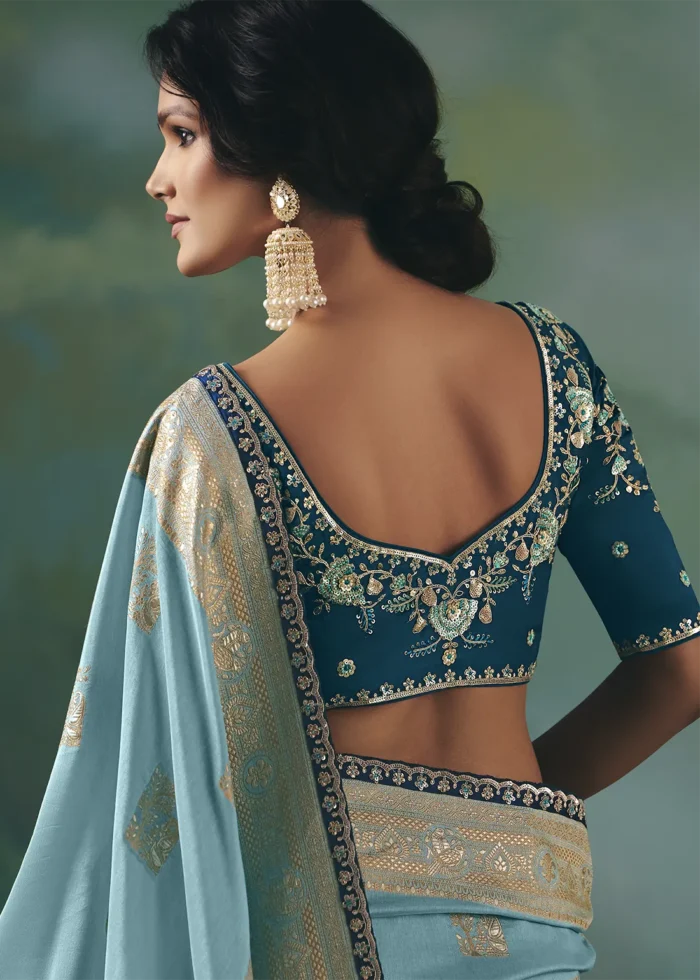 Sky Blue Banarasi Dola Silk Saree with Embroidered Blouse