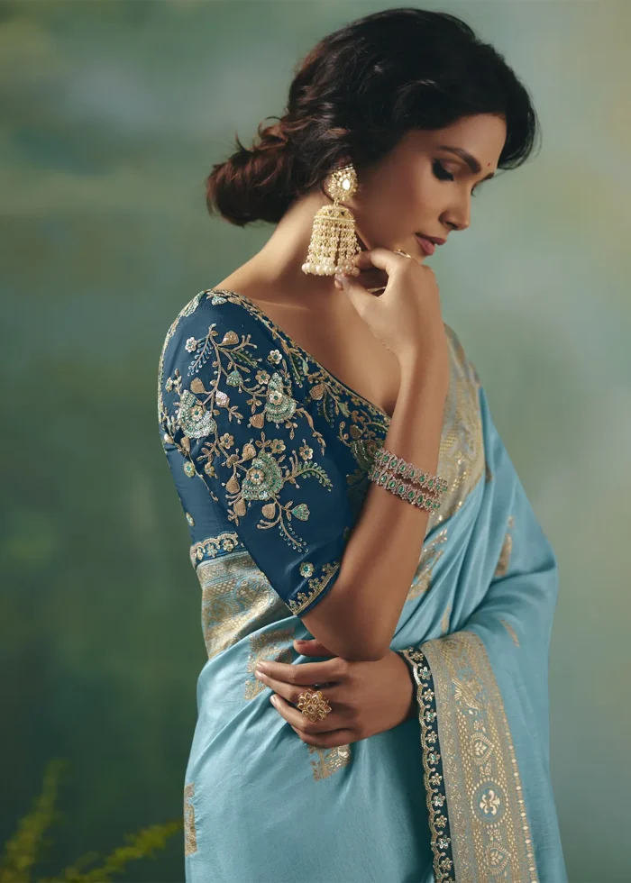 Sky Blue Banarasi Dola Silk Saree with Embroidered Blouse