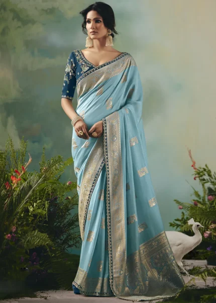 Sky Blue Banarasi Dola Silk Saree with Embroidered Blouse