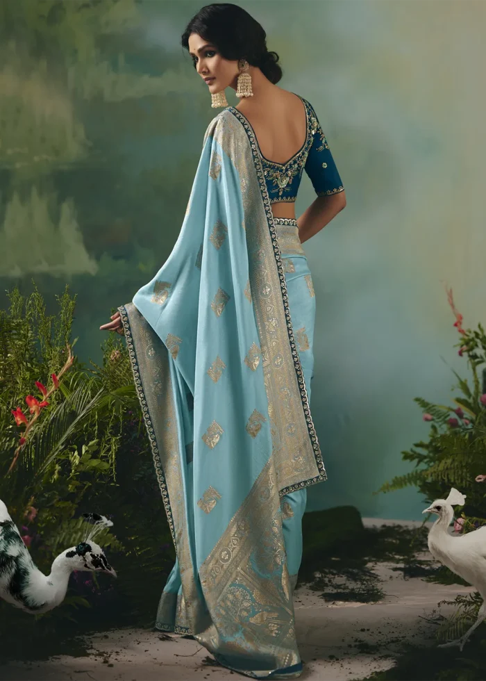 Sky Blue Banarasi Dola Silk Saree with Embroidered Blouse