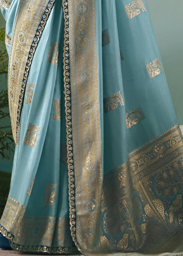 Sky Blue Banarasi Dola Silk Saree with Embroidered Blouse