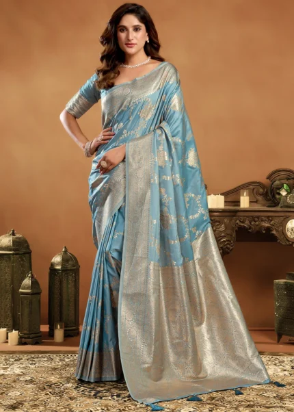 Sky Blue Banarasi Silk Saree with Golden Zari Weaving