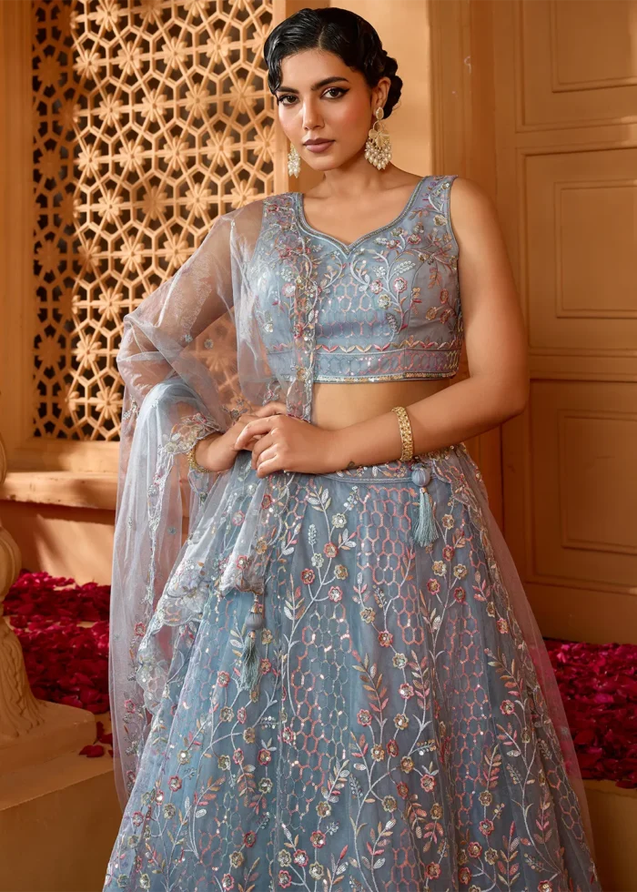 Sky Blue Net Lehenga with Embroidery Work