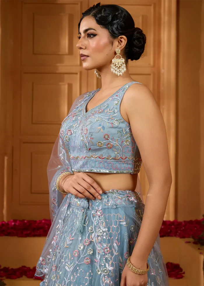 Sky Blue Net Lehenga with Embroidery Work