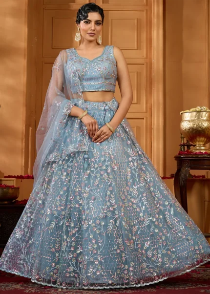 Sky Blue Net Lehenga with Embroidery Work