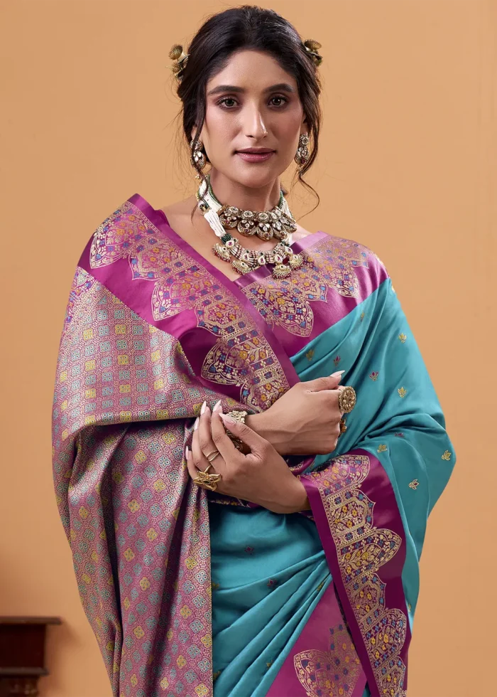 Turquoise Blue and Rani Pink Banarasi Silk Saree