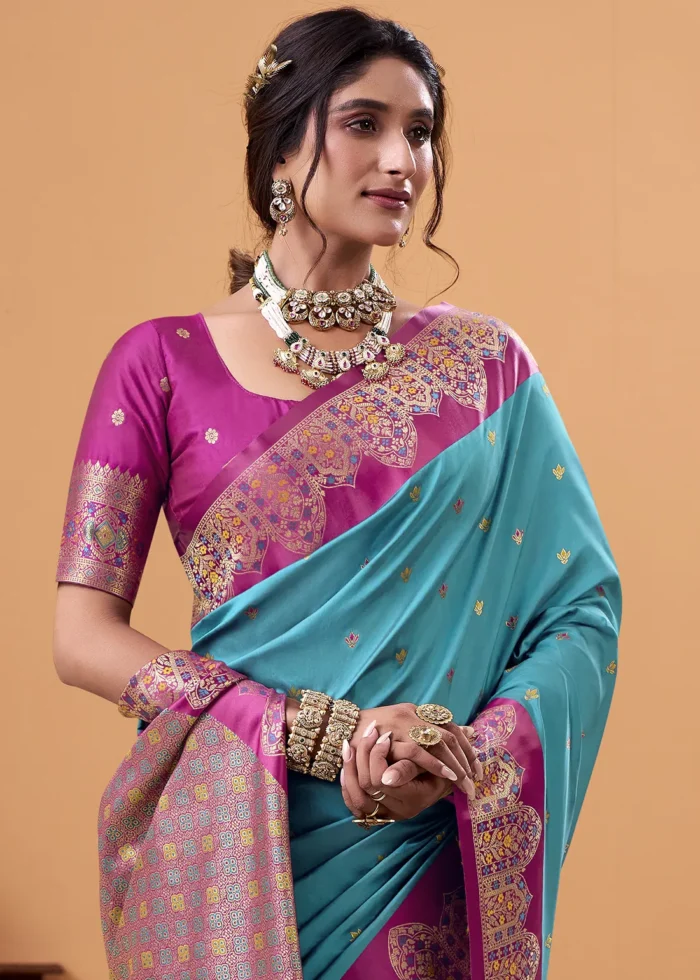 Turquoise Blue and Rani Pink Banarasi Silk Saree