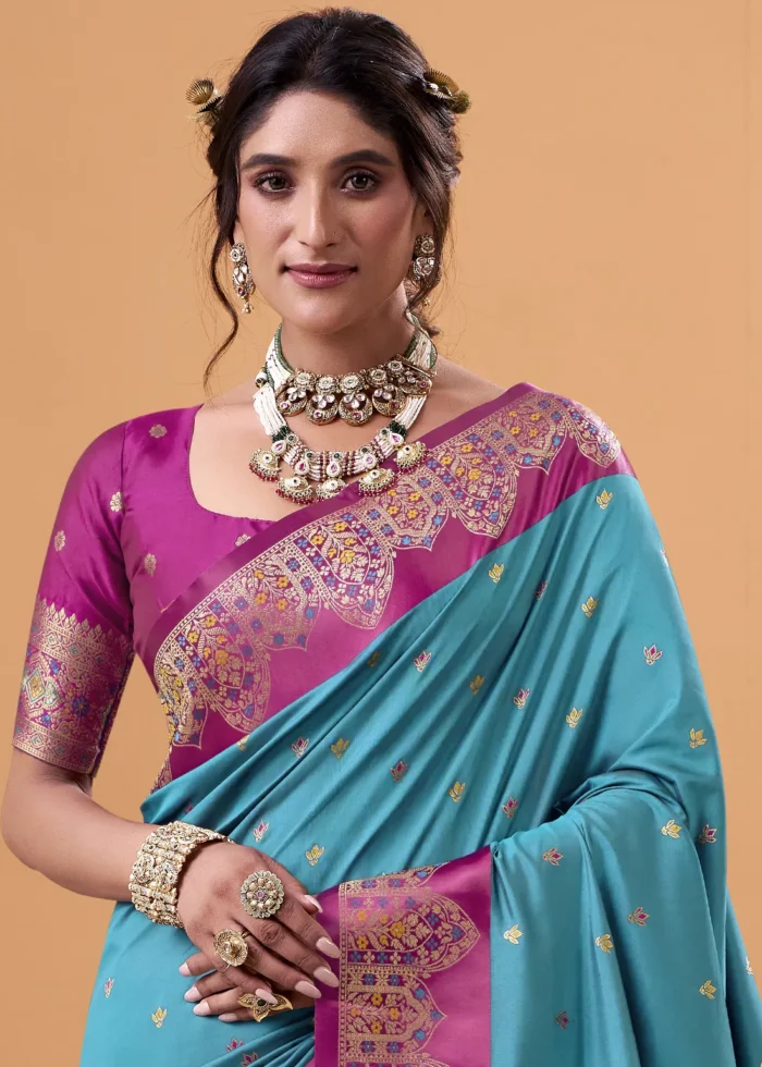 Turquoise Blue and Rani Pink Banarasi Silk Saree