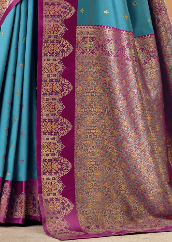Turquoise Blue and Rani Pink Banarasi Silk Saree