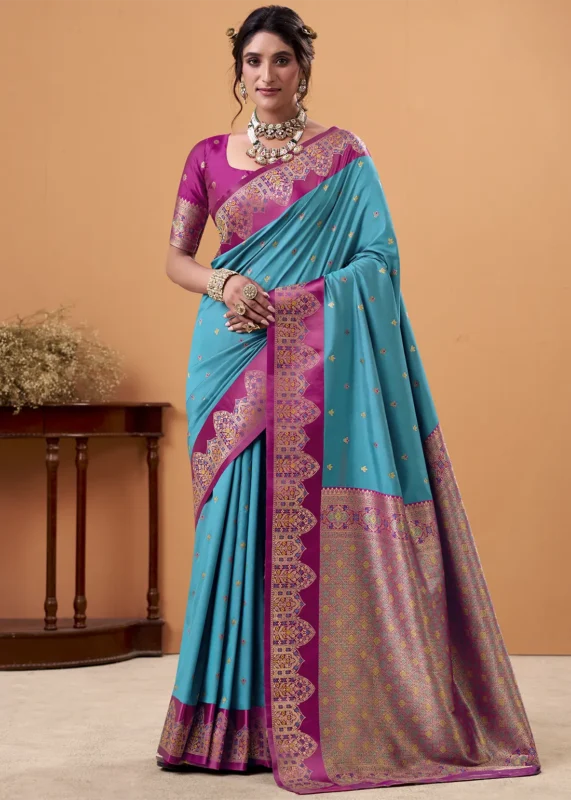 Turquoise Blue and Rani Pink Banarasi Silk Saree
