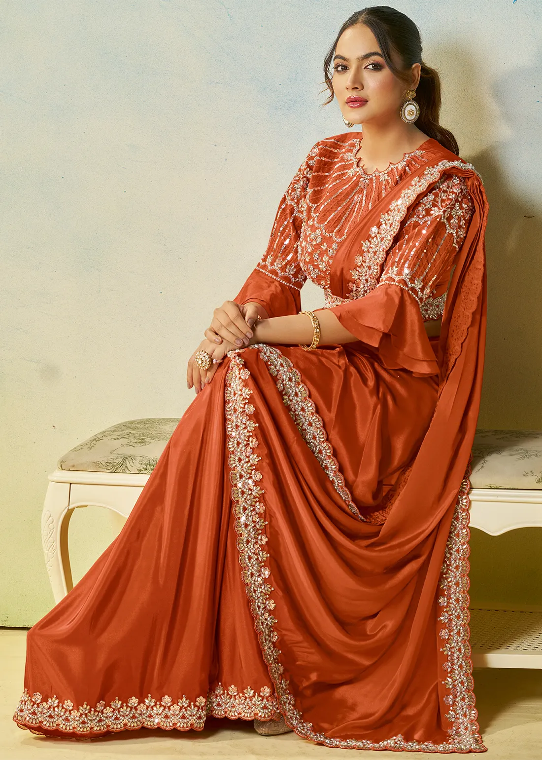 Vermilion Orange Ready to Wear Designer Saree Vermilion Orange Ready to Wear Designer Saree