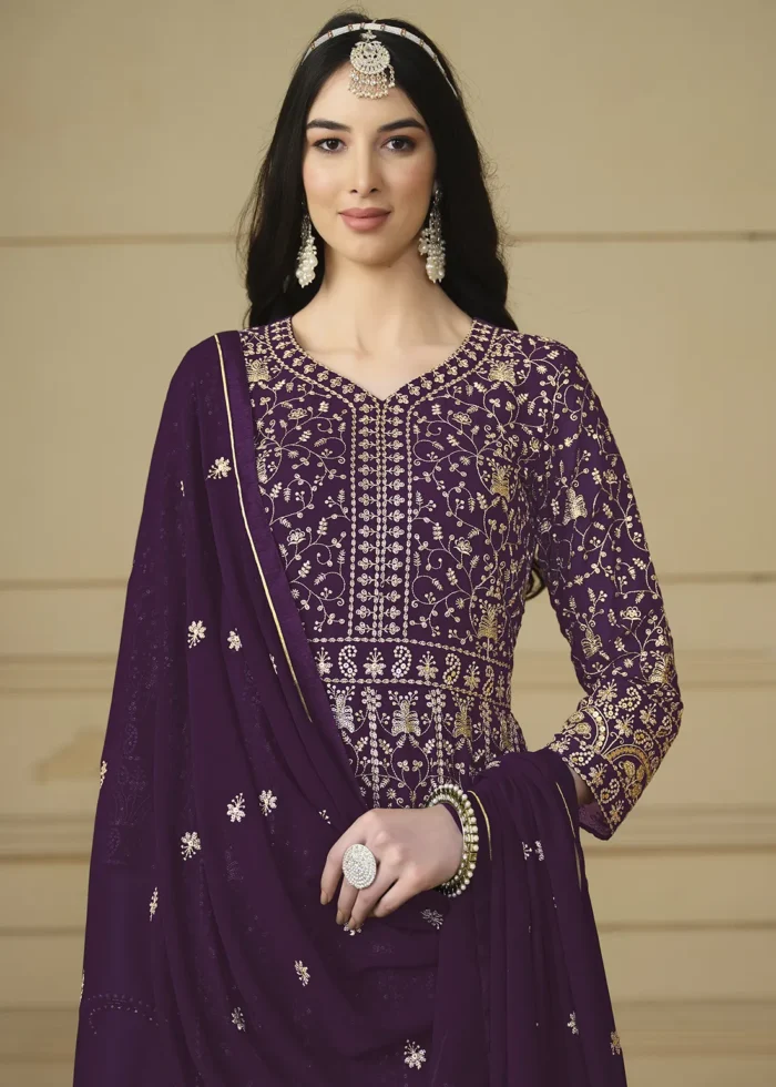 Wine Embroidered Georgette Anarkali Gown