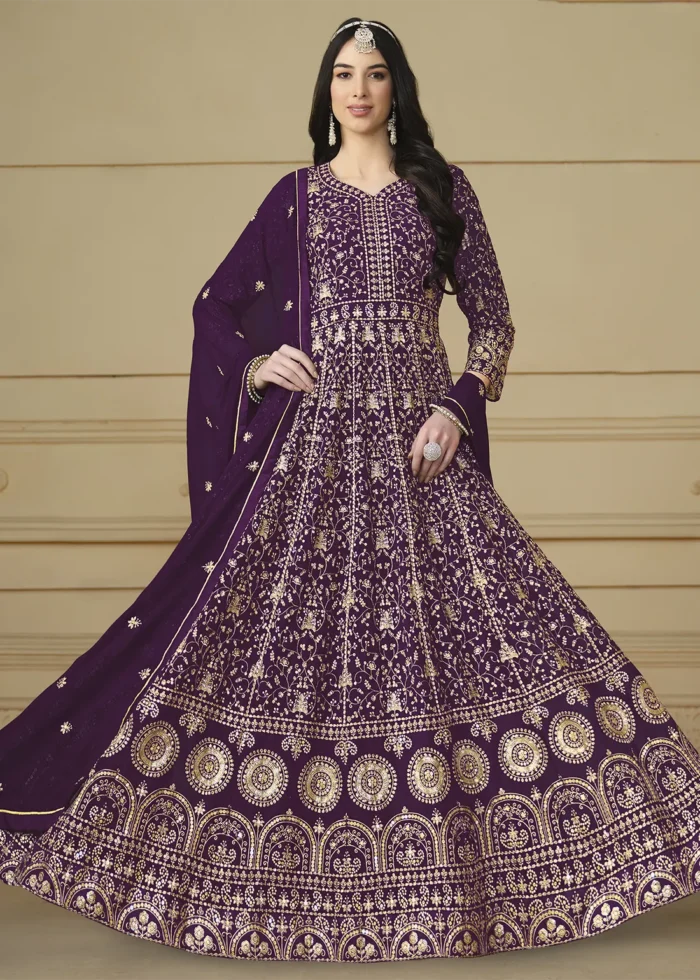 Wine Embroidered Georgette Anarkali Gown
