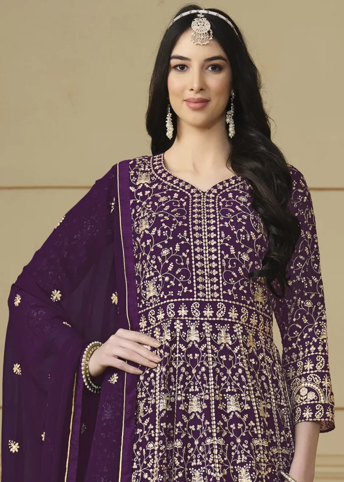 Wine Embroidered Georgette Anarkali Gown