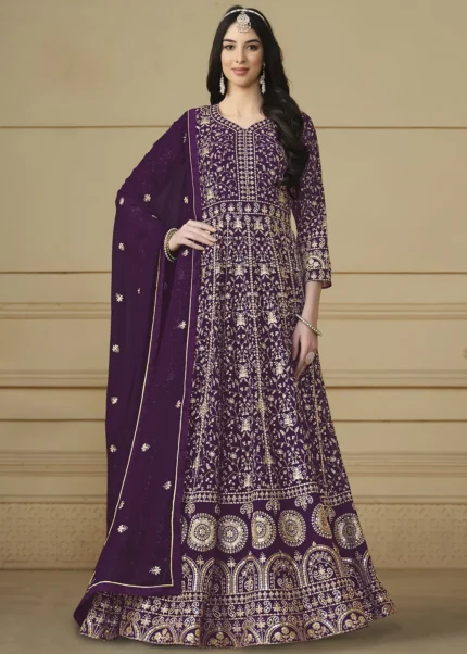 Wine Embroidered Georgette Anarkali Gown