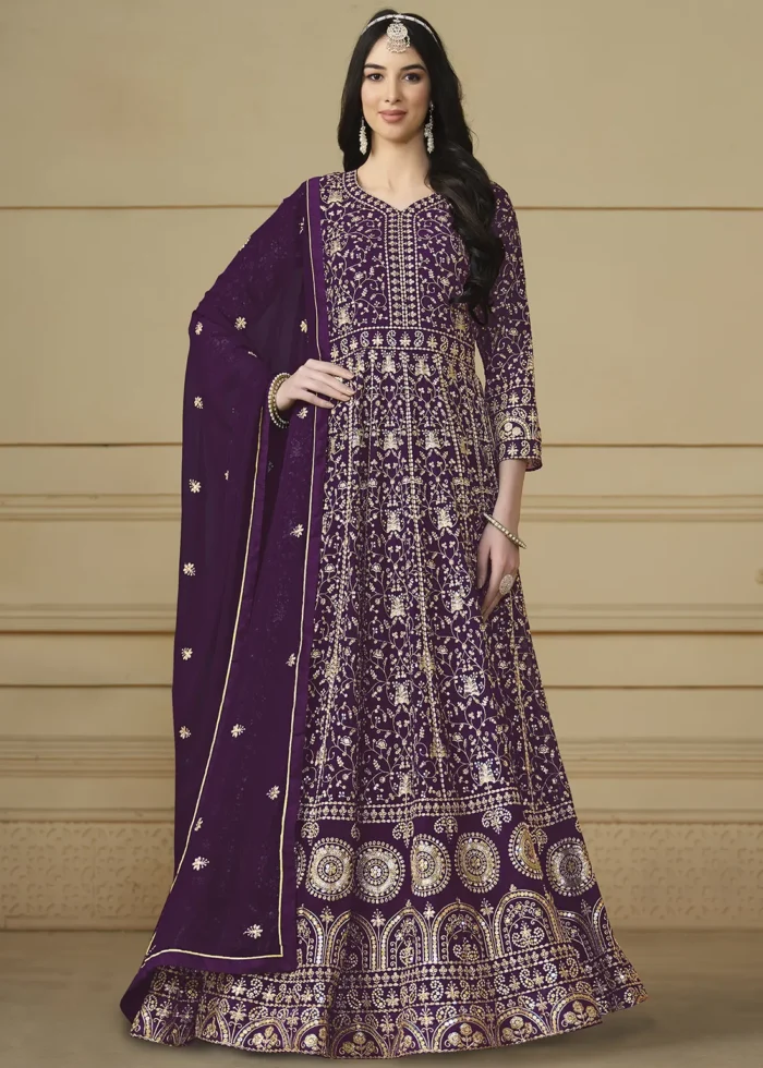 Wine Embroidered Georgette Anarkali Gown