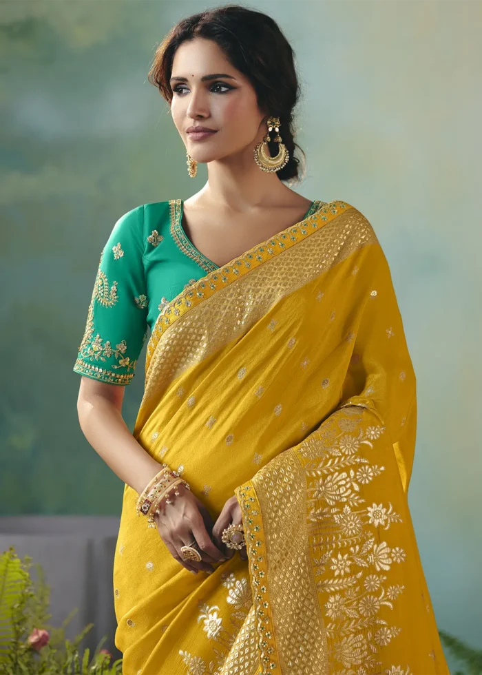Yellow Banarasi Dola Silk Saree with Teal Blouse