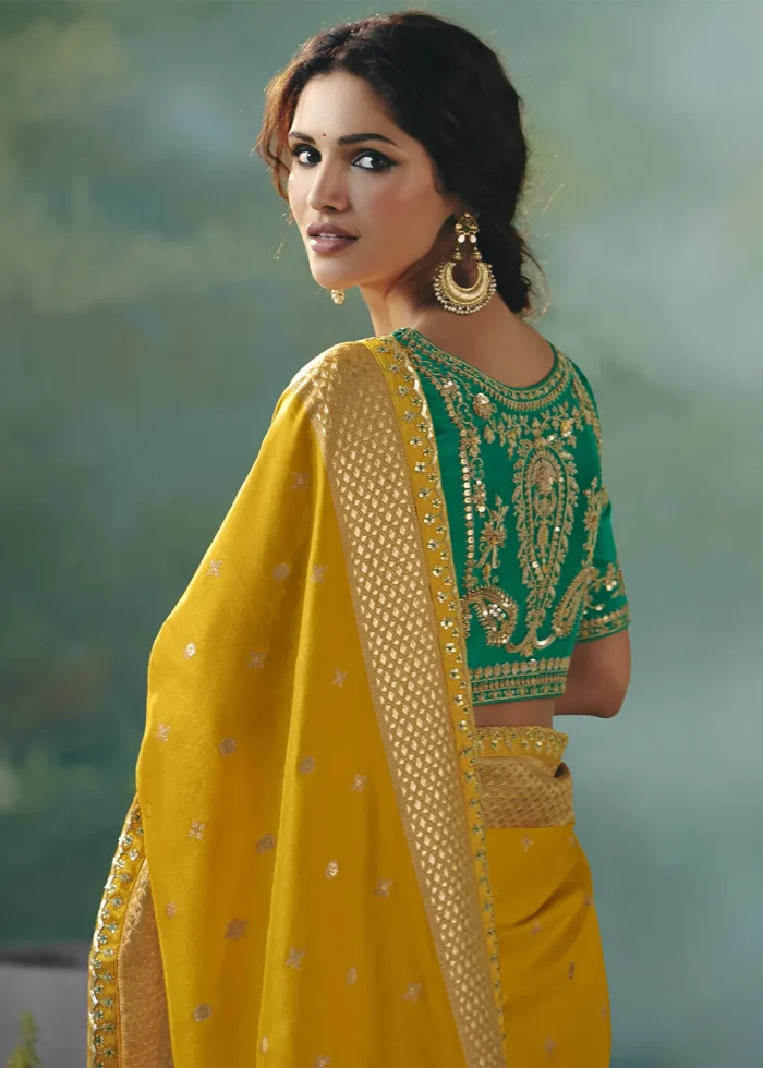Yellow Banarasi Dola Silk Saree with Teal Blouse