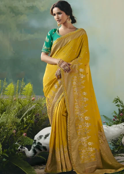 Yellow Banarasi Dola Silk Saree with Teal Blouse