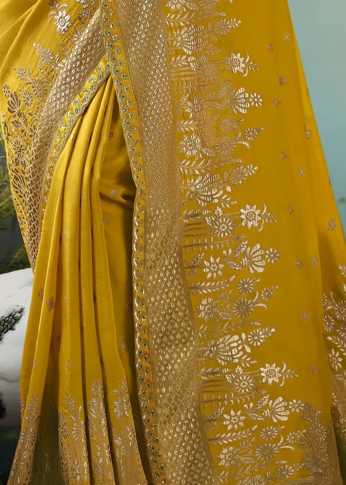 Yellow Banarasi Dola Silk Saree with Teal Blouse