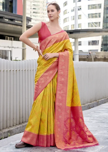 Yellow & Red Woven Banarasi Silk Saree