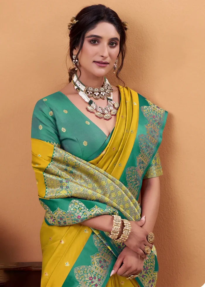 Yellow and Green Banarasi Silk Saree