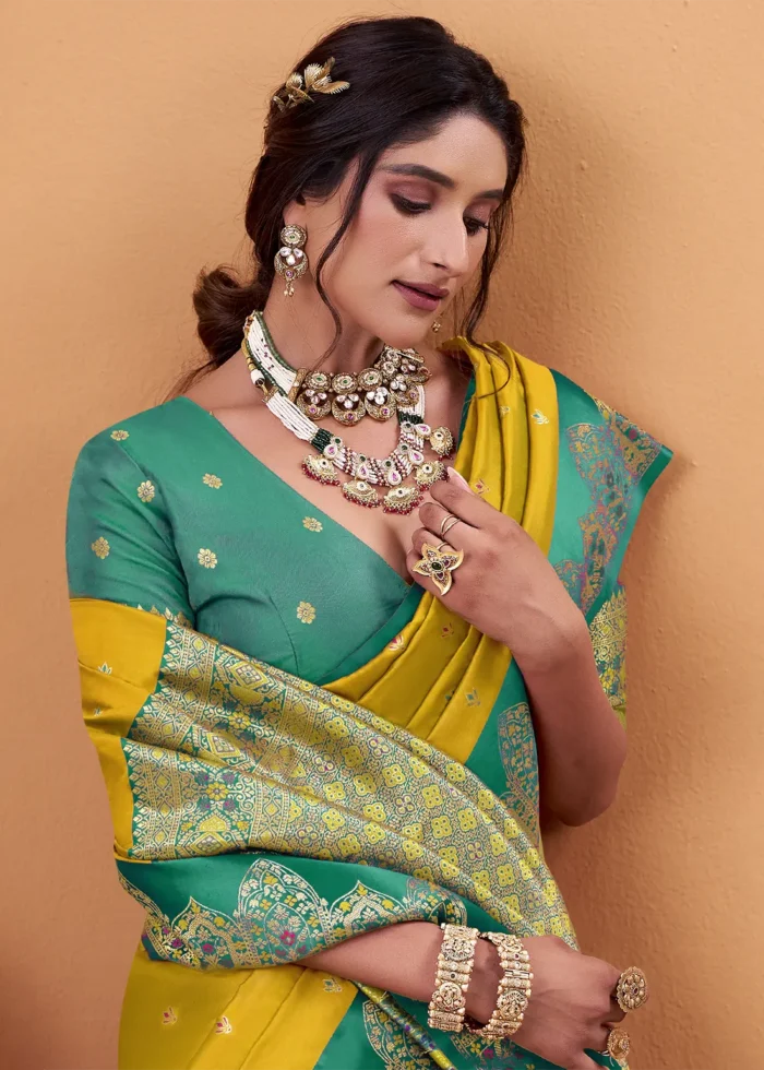 Yellow and Green Banarasi Silk Saree