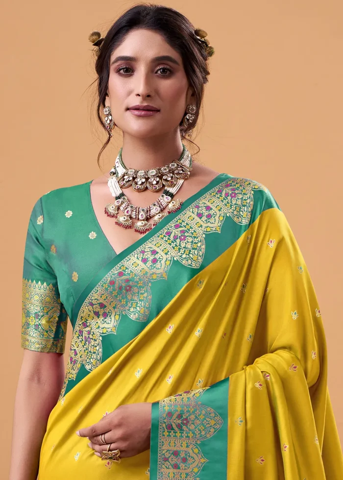 Yellow and Green Banarasi Silk Saree