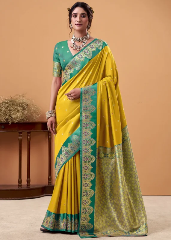 Yellow and Green Banarasi Silk Saree
