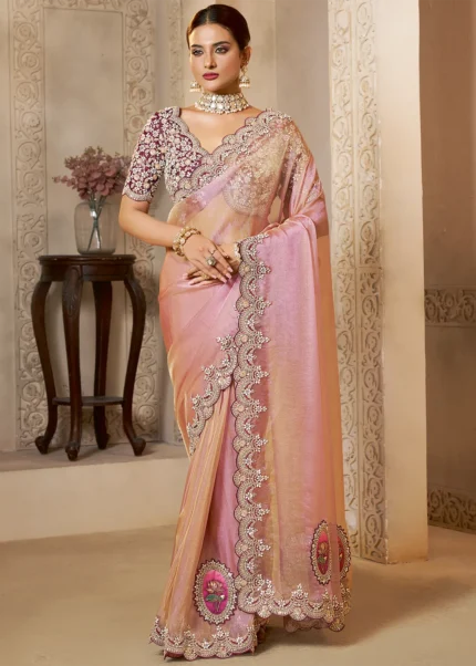 Baby Pink Organza Saree with Heavy Embroidery