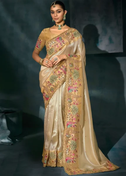 Cream Embroidered Silk Saree with Scalloped Border