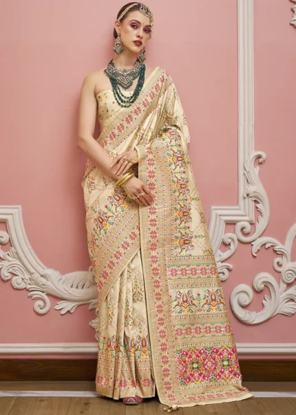 Cream Kashmiri Jamawar Silk Saree