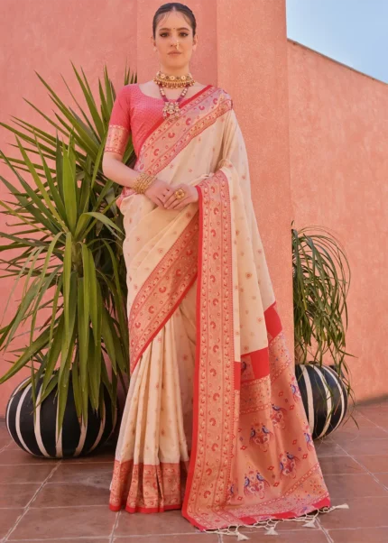 Cream Paithani Silk Saree with Red Blouse