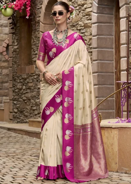 Cream and Magenta Banarasi Saree