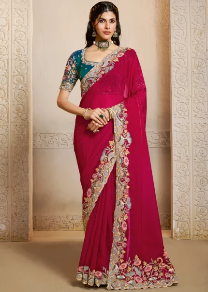 Crimson Red Satin Silk Saree with Heavy Embroidery