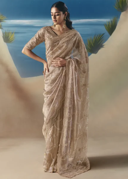 Embellished Beige Organza Silk Saree
