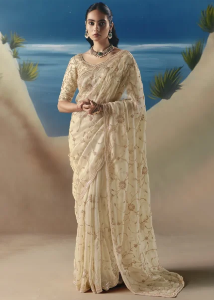 Embellished Cream Organza Silk Saree