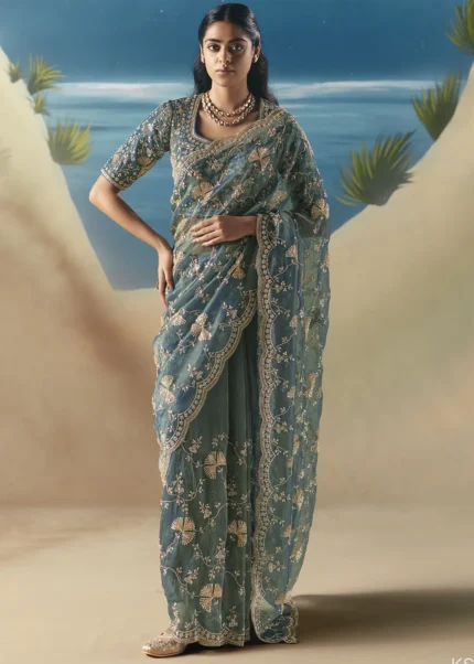 Embellished Electric Blue Organza Silk Saree