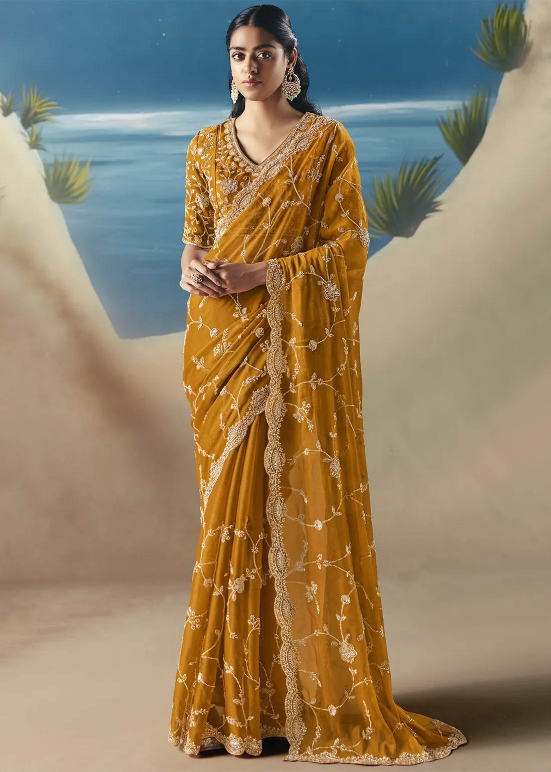 Embellished Mustard Yellow Organza Silk Saree Embellished Mustard Yellow Organza Silk Saree
