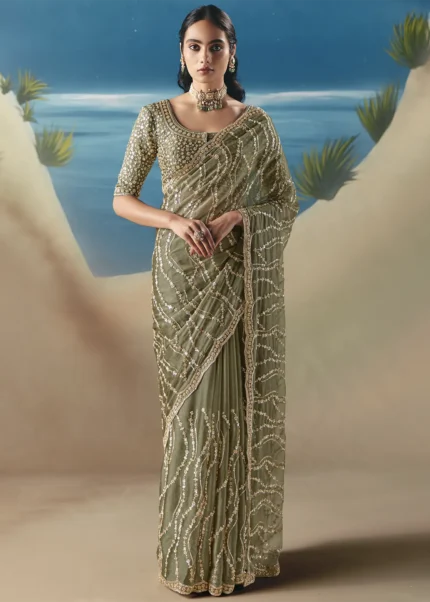 Embellished Olive Green Organza Silk Saree