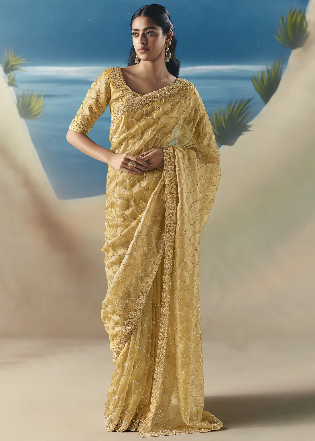 Embellished Pastel Yellow Organza Silk Saree Embellished Pastel Yellow Organza Silk Saree
