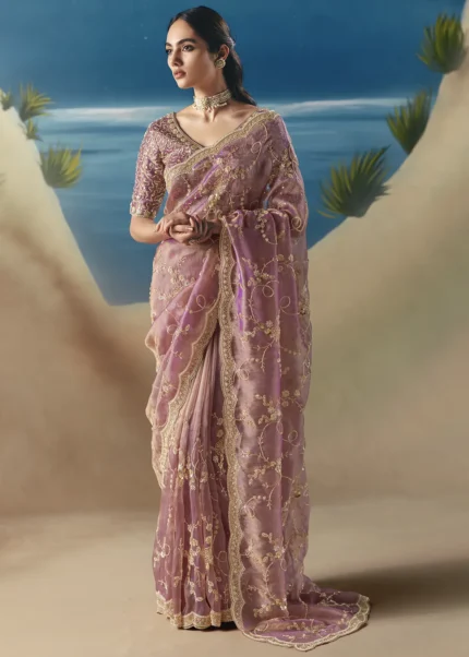 Embellished Rose Pink Organza Silk Saree